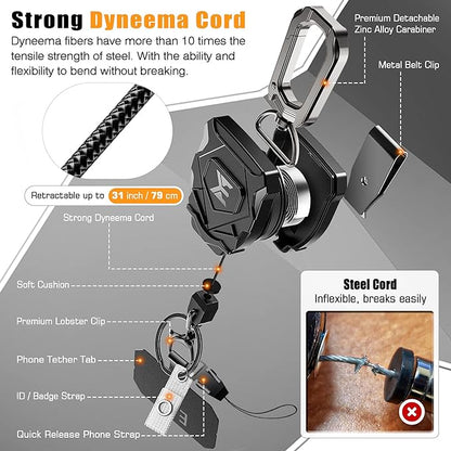 ELV Heavy Duty Retractable Keychain with Interval Locking, Belt Clip and Carabiner, ID Badge Key Reel, Retractable Badge Holder with 31” Dyneema Cord, Key Ring, Lobster Claw Clasp and Phone Tethers