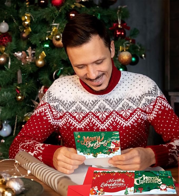 Christmas Cards with Envelopes, Stocking Stuffers for Adults, 6 Assorted Designs Holiday Greeting Cards,Christmas Party Favors 12Pcs Pack Set 6x4 inch, Cards For Family, Kids, Friends