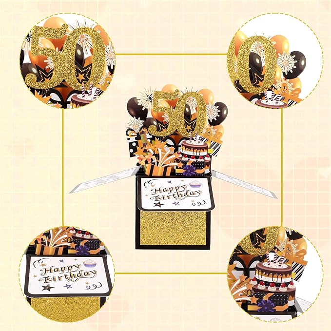 Happy 50th Birthday Pop-Up Card, Colorful Birthday Gift Card Happy Birthday 3D Cards with Envelopes Cool Birthday Pop up Box for Men Women