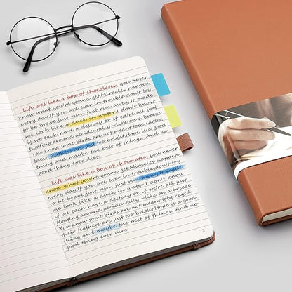 EMSHOI Lined Journaling Notebooks - 120gsm Thick Leather Journal with Sticky Notes, 256 Numbered Pages A5 Hardcover College Ruled Notebook for Women Men Work School Writing, 5.75" x 8.38"-Brown