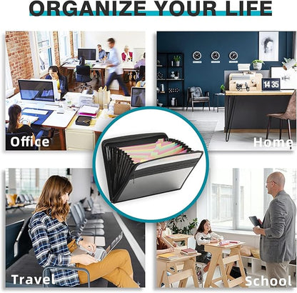 H4D 13 Pocket Expanding File Folder Organizer with Front Clear Pounch, Accordion File Organizer with Zipper Clourse, Fit for Letter Size Papers, Black