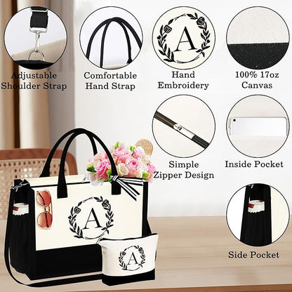 YOOLIFE Christmas Gifts for Women - Initial Canvas Tote Bag & Makeup Bag, Birthday Gifts for Women Her Mom Teacher Friend