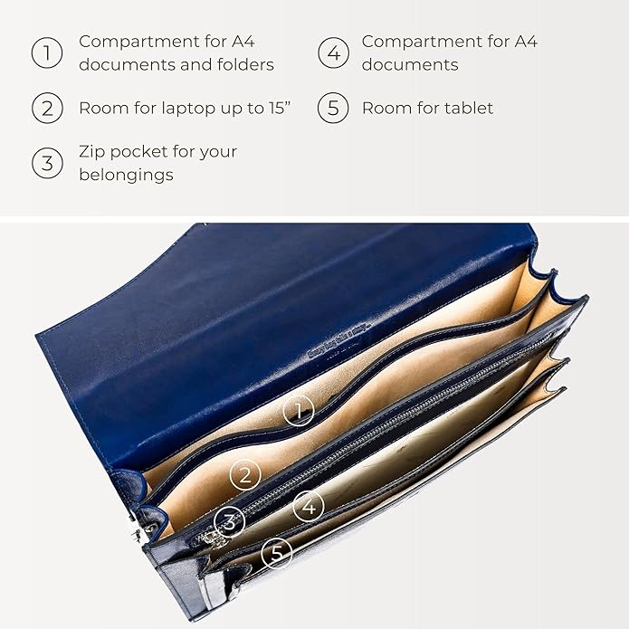 Time Resistance Leather Briefcase for Men - Business Laptop Bag - Italian Handmade Leather Bag - Attache - Gift Box Included