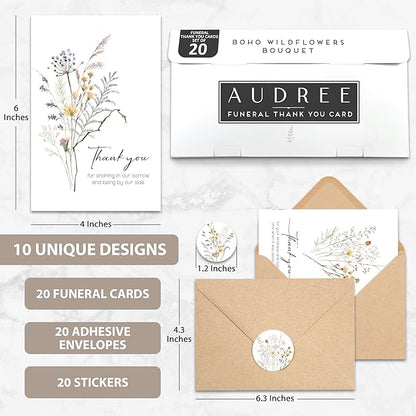 AUDREE 20 Pcs Funeral Thank You Cards with Envelopes Message Inside and Matching Stickers - Bulk 4×6 Watercolor Boho Wildflower Bereavement Thank You Cards For Funeral
