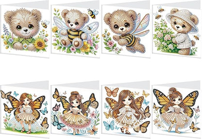 8 Packs Diamond Art Painting Greeting Cards Kit Special Shaped Diamond Art Greeting Cards with Envelope Arts Crafts for Christmas Birthday Thanksgiving Day Holiday (Bee Bear Butterfly Elf)