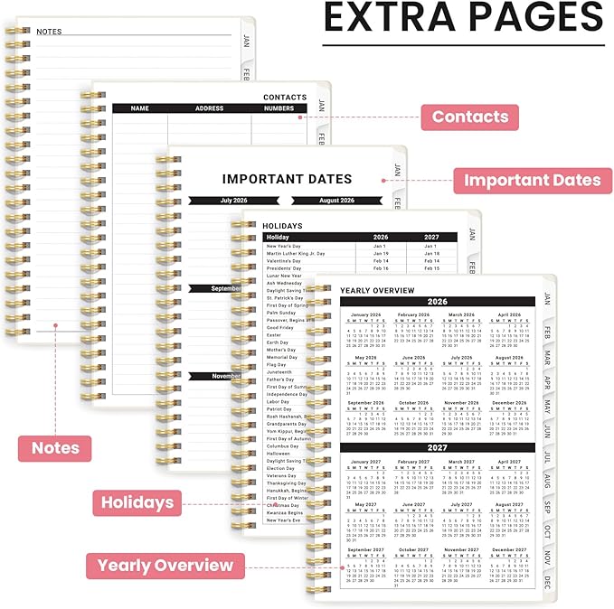 2026 Planner, Weekly and Monthly Planner for Women, January 2026 to December 2026, Pretty Hardcover 2026 Calendar Planner Book with Tabs, Inner Pocket, Spiral Bound, Perfect Office Home School Supplies - 6.3" x 8.5", Whimsical Bits
