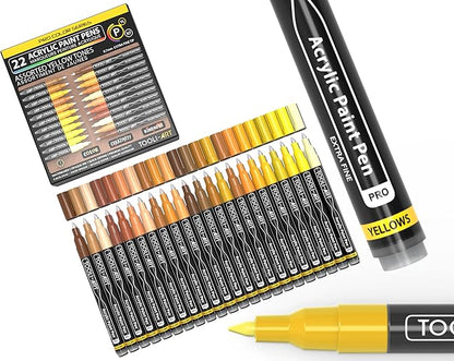 Acrylic Paint Pens 22 Yellow & Brown Tones Assorted Pro Color Series Markers Set 0.7mm Extra Fine Tip for Rock Painting, Glass, Mugs, Wood, Metal, Canvas, Projects, Non Toxic, Waterbased, Quick Drying