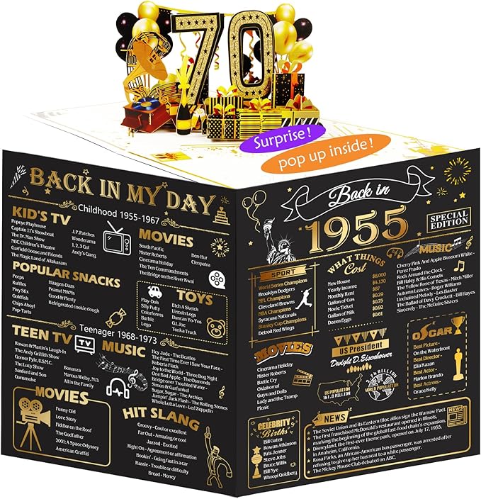 70th Birthday Card for Men Women, Funny 3D Pop Up 70th Birthday Gifts for Grandma Mom Dad, Back In 1955 Happy 70 Year Old Birthday Decorations Cards for Her Him