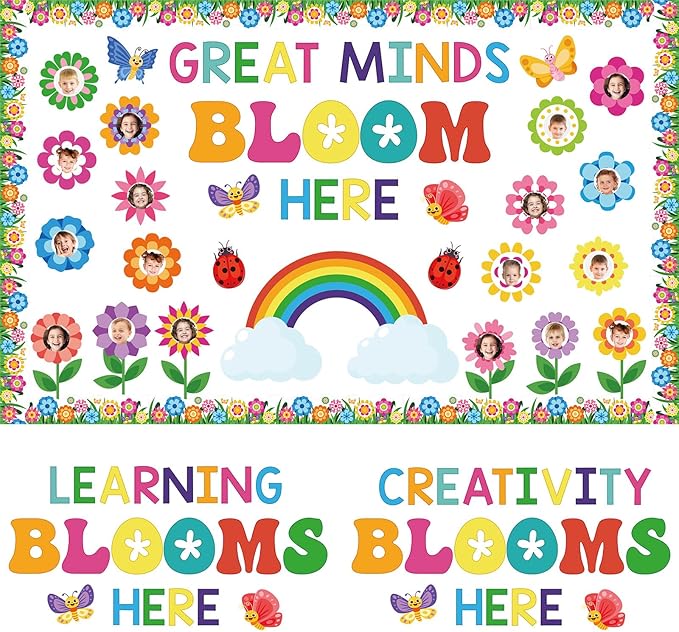 Kosiz Spring Flower Bulletin Board Decorations Set Great Minds Bloom Here Classroom Decorations Colorful Butterfly Rainbow Cloud Paper Cutouts with Floral Borders for School Chalkboard Wall Door Home