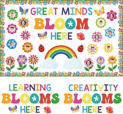 Kosiz Spring Flower Bulletin Board Decorations Set Great Minds Bloom Here Classroom Decorations Colorful Butterfly Rainbow Cloud Paper Cutouts with Floral Borders for School Chalkboard Wall Door Home