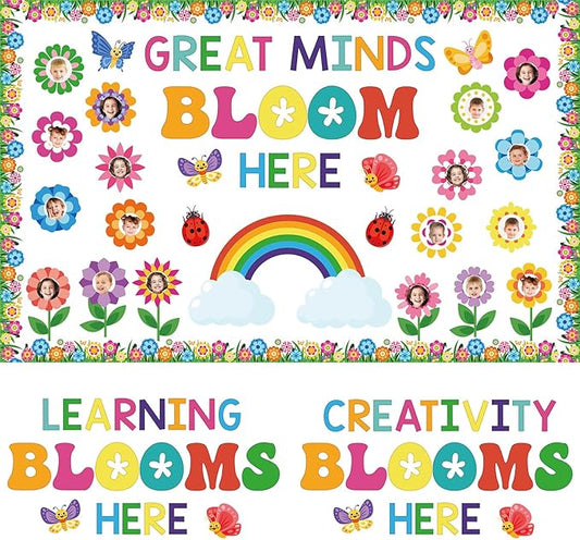 Kosiz Spring Flower Bulletin Board Decorations Set Great Minds Bloom Here Classroom Decorations Colorful Butterfly Rainbow Cloud Paper Cutouts with Floral Borders for School Chalkboard Wall Door Home