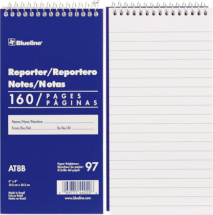 Blueline Reporter Notebook/Note Pad, 4 x 8 inches, 160 Pages / 80 Sheets (AT8B) (Pack of 2)