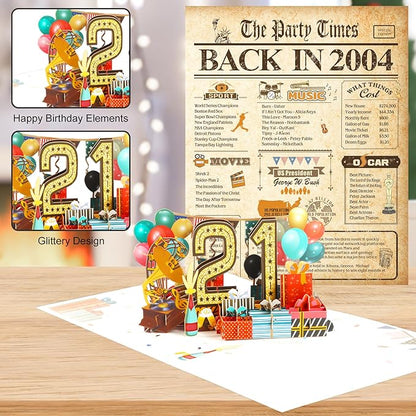 21st Birthday Card for Girls Boys, 3D Pop Up 21st Birthday Gifts Cards, Happy 21 Birthdays Decorations for 21 Year Old Son Daughter, Funny Back In 2004, Classy Vintage