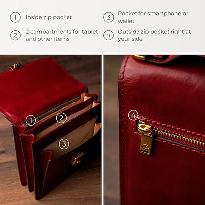 Time Resistance Small Leather Briefcase for Men - Crossbody Bag - Italian Leather Messenger Bag - Gift Box Included