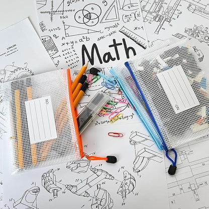 AUSTARK Plastic Mesh Zipper Pouch, 12Pcs Zipper File Bags with Label Pocket, Game Boards Storage Bags, Waterproof Document Storage Bags for Office Home Travel (B6 Size 7.6x5.3 in)