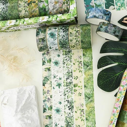 18 Rolls Blossom Washi Tape Set Floral Arts Adhesive Tapes Flowers Garden Decorative Masking Tape Sets for Craft, Kids, Scrapbook, DIY, Gift Wrapping (Emerald Vines)