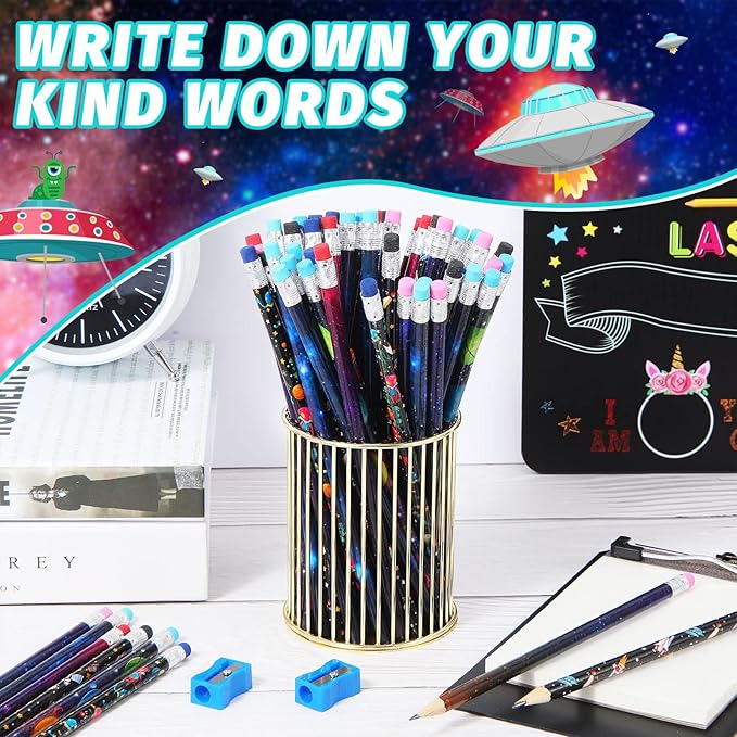 Geyee 36 Pcs Space Pencils Hawaiian Shark Themed Party Favors Assorted Novelty Fun Wood Writing Pencils with Erasers for Birthday Party Teacher Supplies(Space)