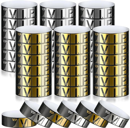 200 Pack VIP Wristbands for Events VIP Bracelets Paper Waterproof Party Wristbands for Events Amusement Parks Concerts Fairs Festivals, 0.79 x 10 Inch(Gold, Silver)