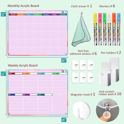 Pink Fridge Calendar - Acrylic calendar for fridge - 2 PCS Magnetic calendar for refrigerator | Monthly Planner, Weekly Planner with Removable template - 6 Dual Tip Vibrant Chalk Markers.