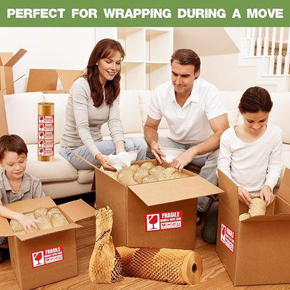 Honeycomb Packing Paper 15 Inch x 135 Feet with 30 Fragile Stickers – Eco-Friendly Honeycomb Wrap for Packing Fragile Items – Recyclable Protective Wrapping Roll for Moving, Shipping, & Storage