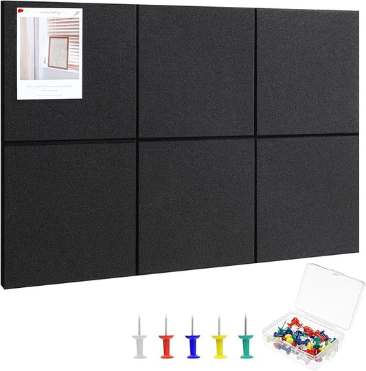 Large Cork Board 36" x 24", 6 Pack Felt Wall Tiles with Colored 30 Pcs Pushpins, Black Bulletin Board with Removable Self-Adhesive Strips, Pin Board Cork Boards for Walls Office Home- Black