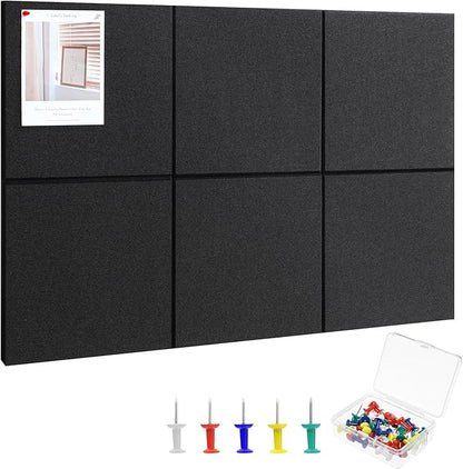 Large Cork Board 36" x 24", 6 Pack Felt Wall Tiles with Colored 30 Pcs Pushpins, Black Bulletin Board with Removable Self-Adhesive Strips, Pin Board Cork Boards for Walls Office Home- Black