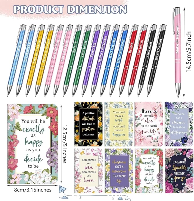 Funrous 32 Pcs Motivational Quote Pens Inspirational Notepads Mini Journal with Ballpoint Pen Small Notebooks Gift Set for Men Women Coworkers, Adult Party Favors Prizes Gift Bulk(Motivational)