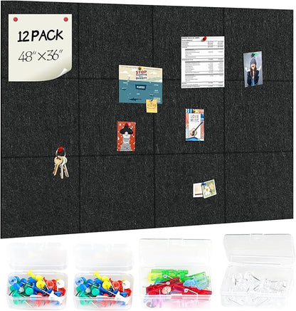 12-Pack Large 48"x36" Cork Board for Office & Walls - Self-Adhesive Felt Wall Tiles with Push Pins | Reusable Tack Board for Home Decor | Removable Alternative to Traditional Cork Bulletin Boards