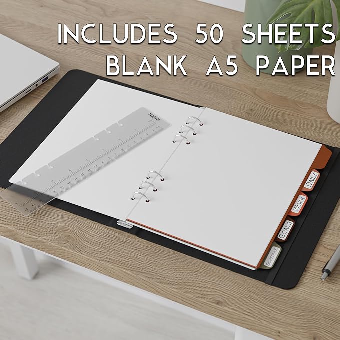 A5 Blank Paper 6-Hole Punched Accessory Kit - 50 Sheets, Ruler, Dividers, and Tab Stickers. 100 GSM, 148mm x 210mm (5.83" x 8.27")