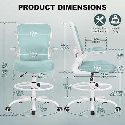 FelixKing Drafting Chair Ergonomic Tall Office Chair, Breathable Mesh Chair with Adjustable Footrest Ring Lumbar Support Flip-up Armrests, High Back Executive Comfy Task Computer Chair for Home Office