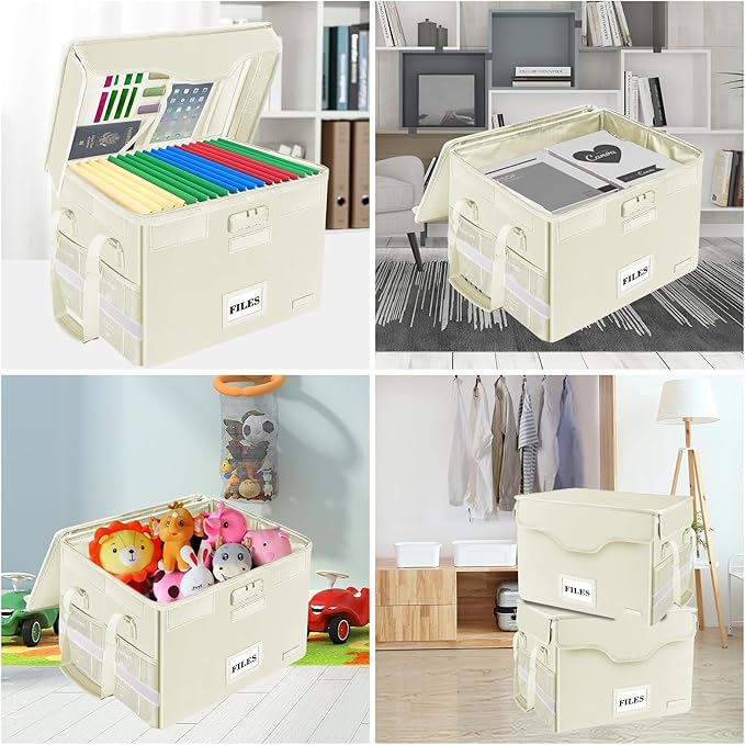 DocSafe File Box Fireproof Document Box with Lock, File Storage Organizer Box with Pockets,Collapsible Portable File Box Home Office File Cabinet with Handle for Hanging Letter/Legal Folder,Beige