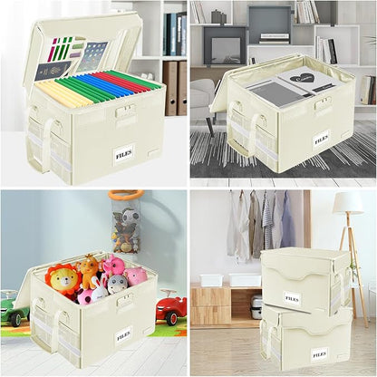 DocSafe File Box Fireproof Document Box with Lock, File Storage Organizer Box with Pockets,Collapsible Portable File Box Home Office File Cabinet with Handle for Hanging Letter/Legal Folder,Beige