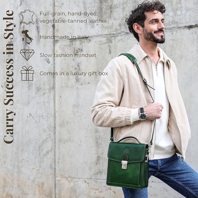 Time Resistance Small Leather Briefcase for Men - Crossbody Bag - Italian Leather Messenger Bag - Gift Box Included