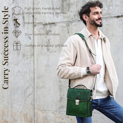 Time Resistance Small Leather Briefcase for Men - Crossbody Bag - Italian Leather Messenger Bag - Gift Box Included