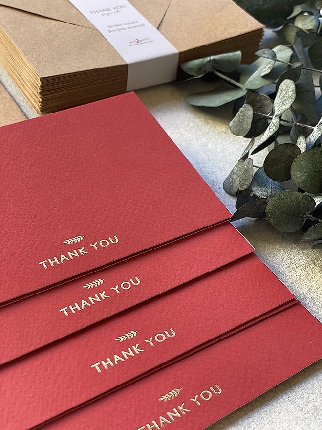 RUN2PRINT (36 Pack Thank You Cards With Envelopes & Stickers - Elegant Red Emboss Gold Foil Pressed - Blank Notes Wedding, Bridal, Baby Shower, Business and Formal All Occasion Cards (Folded)