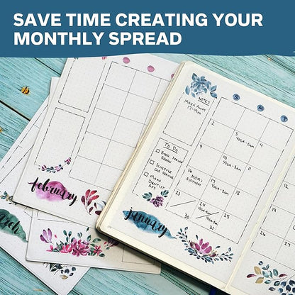 Undated Monthly Calendar Planner Stickers Compatible with A5 Bullet Dot Grid Journals (5.3 x 7.7") - 12-Month Calendars Cute Floral Illustrations, Flower Journal Supplies, Templates, Agenda Layouts