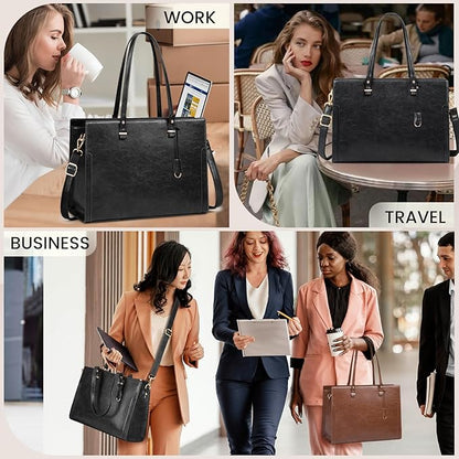 RAINSMORE Laptop Bag for Women 15.6 Inch Vintage Leather Professional Work Tote Bag Waterproof Computer Bag Shoulder Bag for Business Office