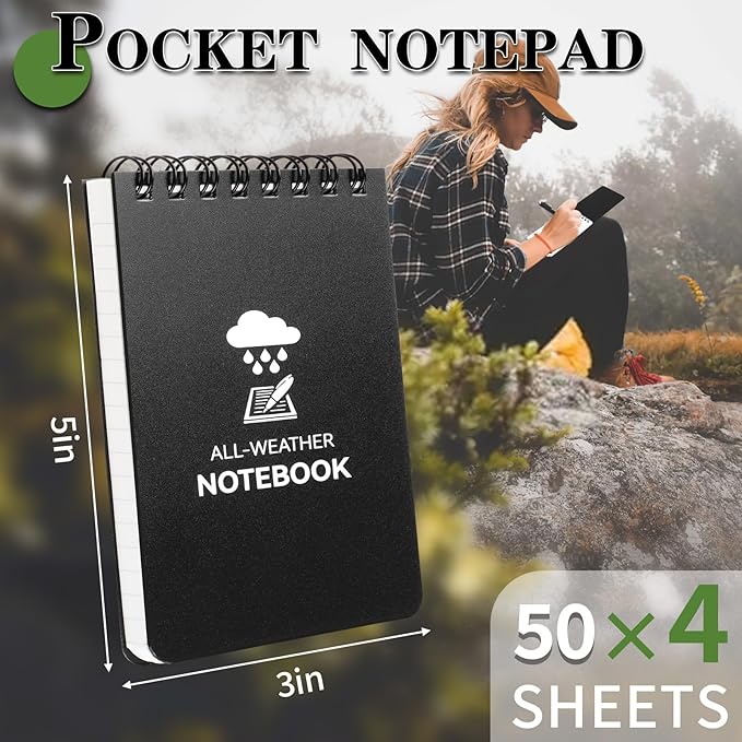 Waterproof Notebook, 4 Pack Top-Spiral Pocket Notepad, 3" x 5" Weatherproof NotePad, All Weather Police Pocket Notebook Little Memo Steno Note Pads for Outdoor Office School Recording, Black