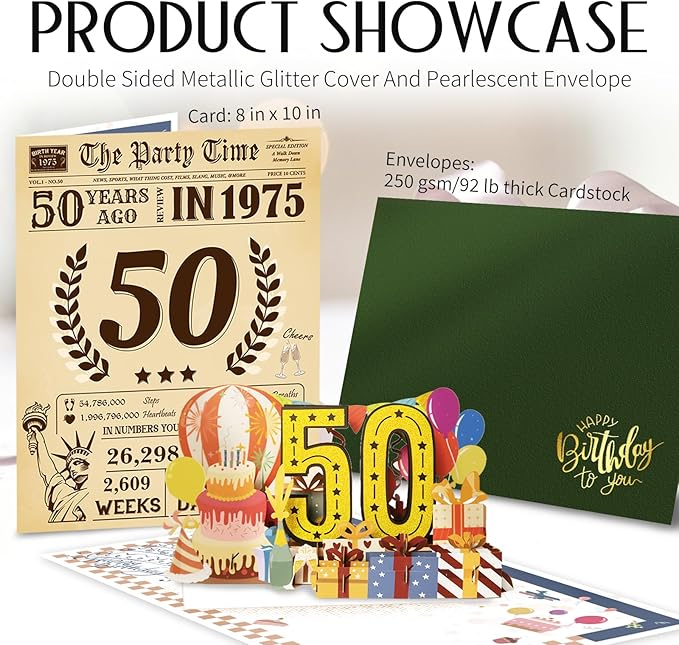 Funny 50th Birthday Card for Women Men, 3D Pop Up 50th Birthday Decorations for Her Him, Happy 50th Birthday Gifts for Mom Dad, Jumbo 50 Year Old Birthday Card, Review of 1975, Classy (8"x10")