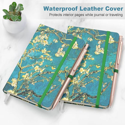 Small Notebook, Mini Pocket Journal A6 5.7" x 3.9", Leather Hardcover Journal with Pen Holder, 160 Thick Papers, Cute Lined Notebook Small Notepad for Women Writing Work Travel, Green Flower