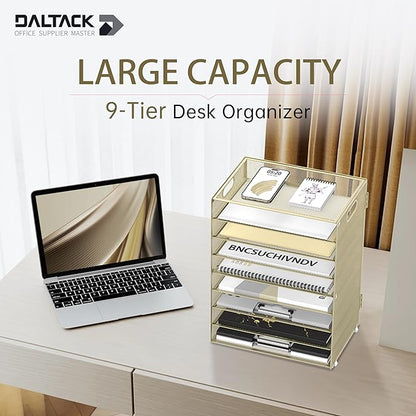 DALTACK 9-Tier Paper Letter Tray Desk Organizer with Handles, Mesh File Holder Organization, File Organizer for Desk Paper Sorter for Office Home School, Golden Yellow