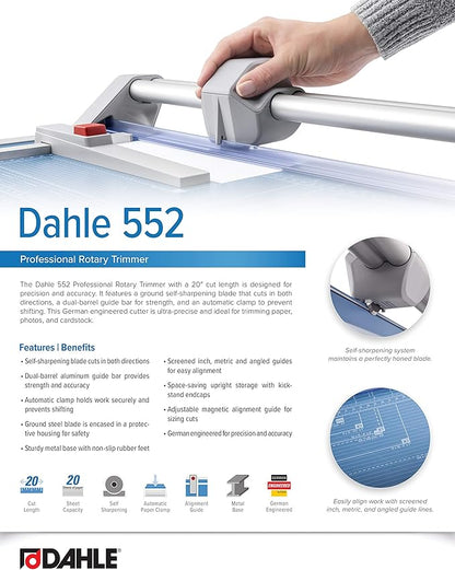 Dahle 552 Professional Rotary Trimmer, 20" Cut Length, 20 Sheet Capacity, Self-Sharpening, Dual Guide Bar, Automatic Clamp, German Engineered Paper Cutter