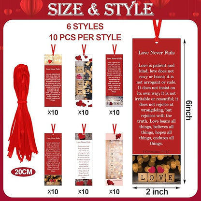 60 Pcs Love Never Fails Bookmark Valentine's Day Bookmarks Red Heart Valentines Day Exchange Gifts for Valentine's Party Favors