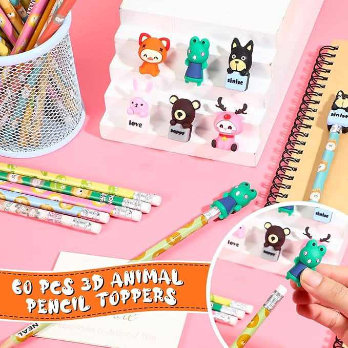 Ireer 60 Pcs Scented Pencils for Kids Animal Fruit Fun Smelly Pencils Bulk HB Graphite with 60 Pcs Cute Cartoon Toppers Gift for School Office Classroom Party Reward Supplies(Cute Style)