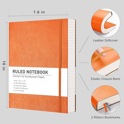 RETTACY Journaling Notebooks, B5 Lined Journal Notebook with 320 Numbered Pages, 7.6" × 10", Medium Size, Journal Notebook for Writing, Work, School, Leather Softcover, 100 GSM Thick Paper (Orange)