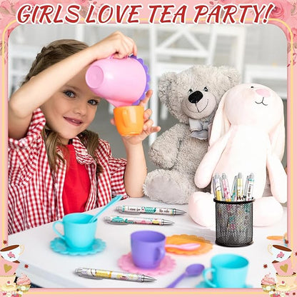 24 Pcs Tea Party Gift Pens Bulk Floral Tea Party Favors Pink Themed Party Decorations Tea Ballpoint Pen for Tea Party Birthday Party Supplies