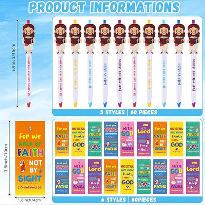 120 Pcs Christian Pens Cards Gift Bulk 60 Mini Jesus Pens with 60 Bible Verse Bookmarks Religious Ballpoint Pens with Inspirational Quotes for Kid Christian Party Favors Baptism Gifts