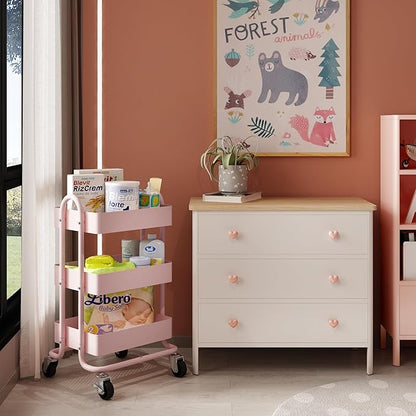 3-Tier Pink Utility Rolling Cart,Kitchen Storage Carts with Wheels,Pink Metal Rolling Cart for Office,Home,Kitchen,Garden（13.4"x18.1"x31"） Pink