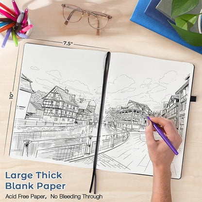 Blank Notebook, Hardcover Sketch Book, 8.5" x 11" Large Blank Journal, No Bleed Thick Paper Sketchbook for Drawing Art, Unlined Notebook Journal for Women Men, A4 Leather Sketchbook, Lay Flat, Navy