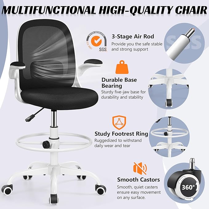 Drafting Chair, Tall Office Chair Ergonomic Standing Desk Chair,with Adjustable Footrest Ring, 3D Lumbar Support, Flip-up Armrests, Swivel Desk Stool for Drawing Working (White)